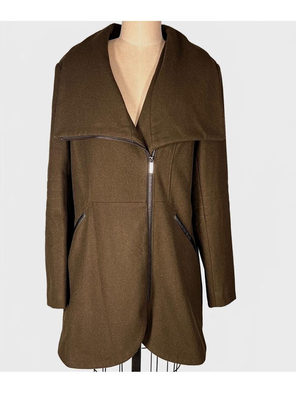 NWT French Connection Olive Wool Blend Asymmetric Moto Funnel Coat Large